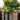 Tuinpoort met moderne zwarte lantaarns, omgeven door groene planten en bomen.